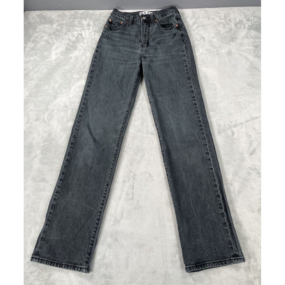 Daze Denim Black Straight Leg Jeans Womens Size 24 High Rise Distressed Faded